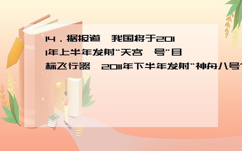 14．据报道,我国将于2011年上半年发射“天宫一号”目标飞行器,2011年下半年发射“神舟八号”飞船并与“天宫一号”实现对接.天宫一号在外轨道下列判断正确的是 A．“天宫一号”的运行速