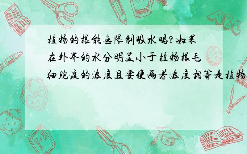 植物的根能无限制吸水吗?如果在外界的水分明显小于植物根毛细胞液的浓度且要使两者浓度相等是植物要吸收的水明显超过了细胞所能承受的,此时细胞会无限制吸水吗?