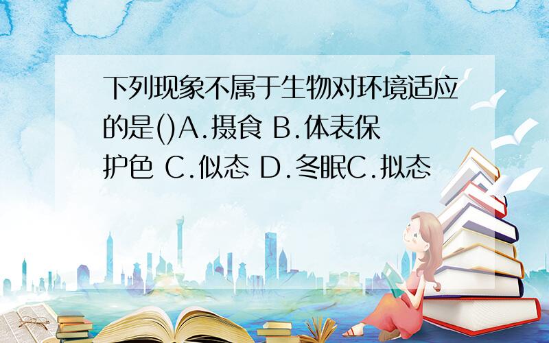 下列现象不属于生物对环境适应的是()A.摄食 B.体表保护色 C.似态 D.冬眠C.拟态