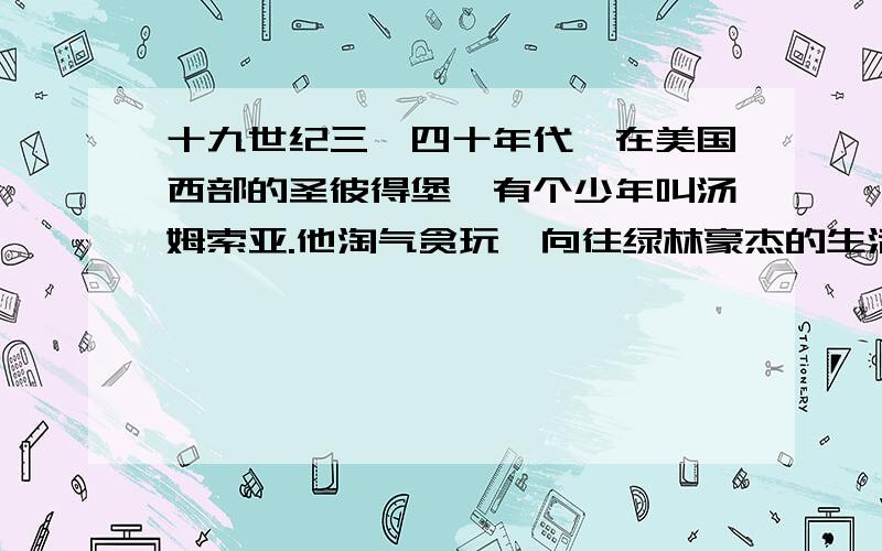 十九世纪三、四十年代,在美国西部的圣彼得堡,有个少年叫汤姆索亚.他淘气贪玩,向往绿林豪杰的生活.一有机会就逃学,到外面游水或打闹.有一天半夜,他和好朋友哈克溜到坟场,暗中目击了一