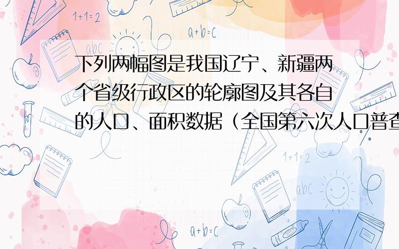 下列两幅图是我国辽宁、新疆两个省级行政区的轮廓图及其各自的人口、面积数据（全国第六次人口普查数据）．有关两省区叙述中,正确的是（　　）A．辽宁人口分布比较稀疏B．新疆是我