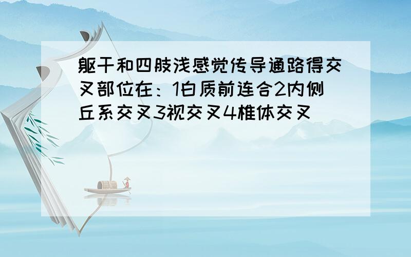 躯干和四肢浅感觉传导通路得交叉部位在：1白质前连合2内侧丘系交叉3视交叉4椎体交叉