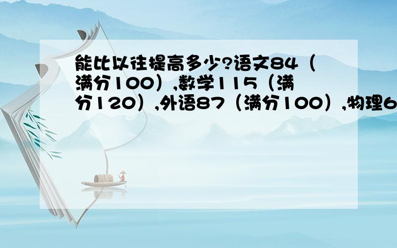 能比以往提高多少?语文84（满分100）,数学115（满分120）,外语87（满分100）,物理69（满分100）,化学94（满分100）生物87（满分100）如果我维持现状,将来就走厦门/同济.可我不想.我将来就能走浙