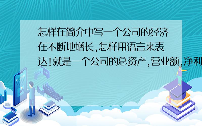 怎样在简介中写一个公司的经济在不断地增长,怎样用语言来表达!就是一个公司的总资产,营业额,净利润怎么表达,不要数字说明!