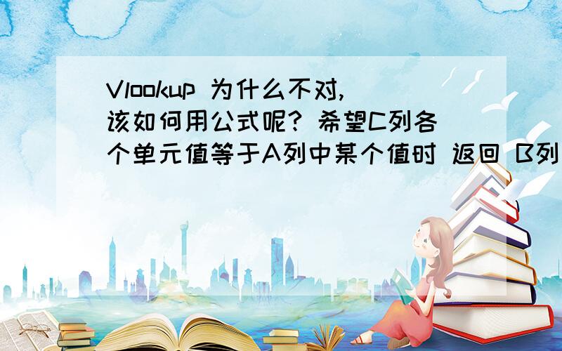 Vlookup 为什么不对,该如何用公式呢? 希望C列各个单元值等于A列中某个值时 返回 B列同行值 比如：C2 C3 C4 是粉针剂 就返回 001,用了 vlookup 但是如图 取出来的不是001