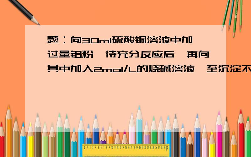 题：向30ml硫酸铜溶液中加过量铝粉,待充分反应后,再向其中加入2mol/L的烧碱溶液,至沉淀不再减少,消耗烧碱溶液210ml,且收集到气体0.672L（标况）.据此计算：（1）.加入铝粉的质量?（2）.原硫