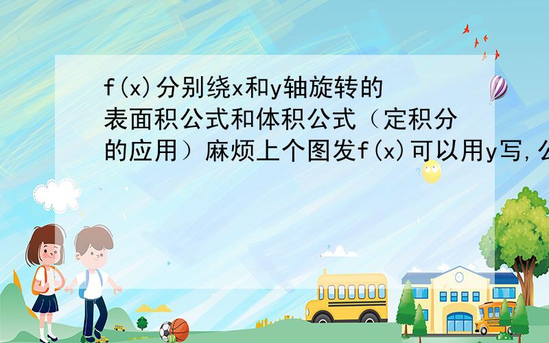 f(x)分别绕x和y轴旋转的表面积公式和体积公式（定积分的应用）麻烦上个图发f(x)可以用y写,公式要全 准确,明天上午给采纳