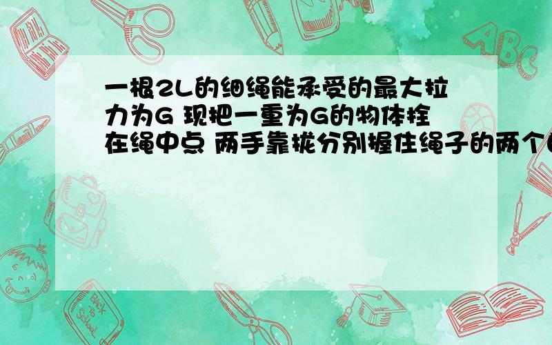 一根2L的细绳能承受的最大拉力为G 现把一重为G的物体拴在绳中点 两手靠拢分别握住绳子的两个自由端 然后右手不动 左手慢慢水平面向左分开 两手从开始分开到绳子断时物体位移大小为?方