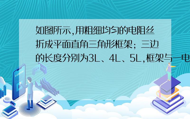 如图所示,用粗细均匀的电阻丝折成平面直角三角形框架；三边的长度分别为3L、4L、5L,框架与一电动势为E,内阻为r的电源相连,垂直于框架平面有磁感应强度为B的匀强磁场,则下列说法正确的