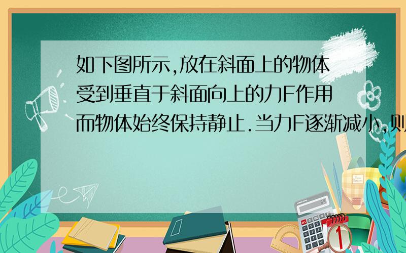 如下图所示,放在斜面上的物体受到垂直于斜面向上的力F作用而物体始终保持静止.当力F逐渐减小,则物体受到斜面的摩擦力