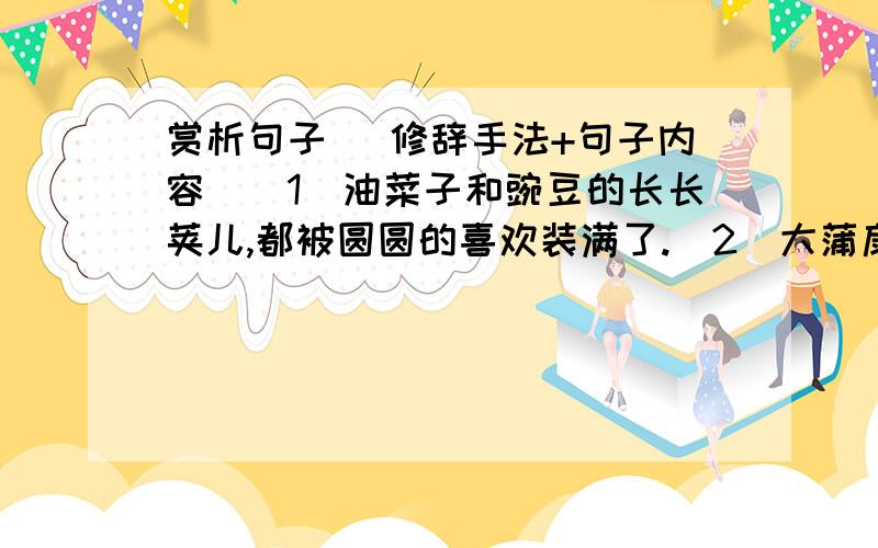 赏析句子 （修辞手法+句子内容）（1）油菜子和豌豆的长长荚儿,都被圆圆的喜欢装满了.（2）大蒲扇和大芭蕉扇呼哧的一扇,夜空里长满了星座和故事.（3）温度计上的水银柱开始变得傲慢起