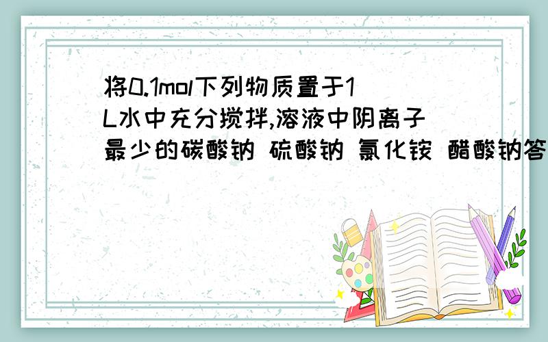 将0.1mol下列物质置于1L水中充分搅拌,溶液中阴离子最少的碳酸钠 硫酸钠 氯化铵 醋酸钠答案是氯化铵 我不是很明白