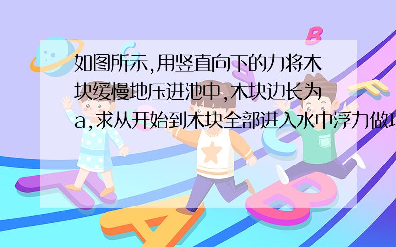 如图所示,用竖直向下的力将木块缓慢地压进池中,木块边长为a,求从开始到木块全部进入水中浮力做功.