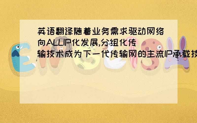 英语翻译随着业务需求驱动网络向ALLIP化发展,分组化传输技术成为下一代传输网的主流IP承载技术是大势所趋.在城域网这个业务需求最复杂、技术碰撞最激烈、新技术不断涌现的区域,任何先