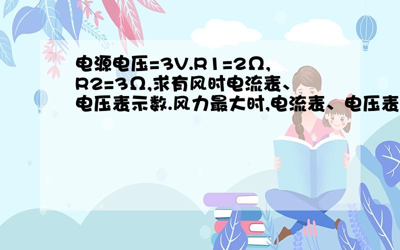 电源电压=3V.R1=2Ω,R2=3Ω,求有风时电流表、电压表示数.风力最大时,电流表、电压表的示数.电路图是串联.哪个什么风的是相当于滑动变阻器.有一个电压表一个电流表.怎么写.有一点不一样的就