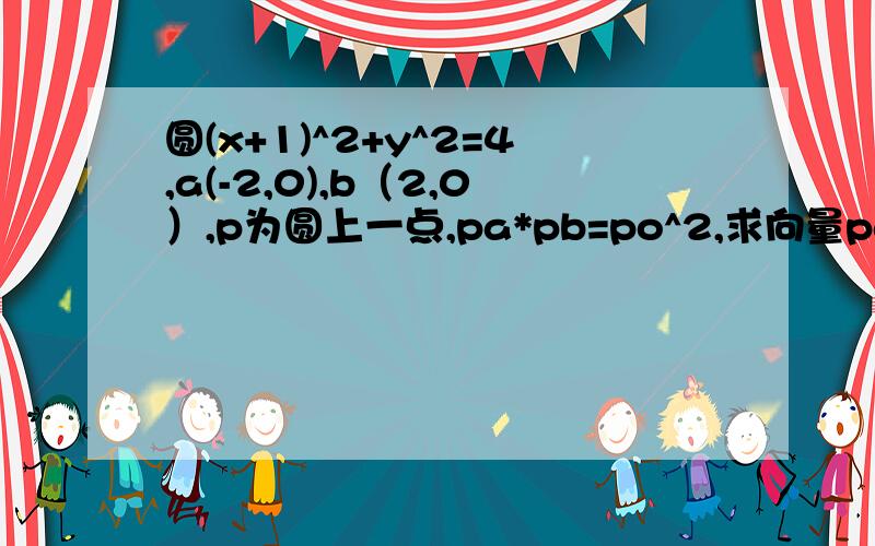 圆(x+1)^2+y^2=4,a(-2,0),b（2,0）,p为圆上一点,pa*pb=po^2,求向量pa*pb范围