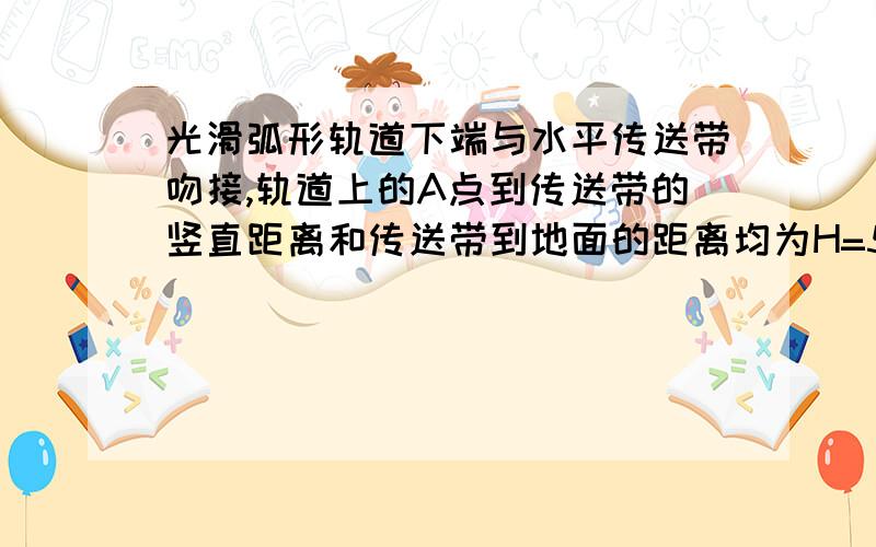 光滑弧形轨道下端与水平传送带吻接,轨道上的A点到传送带的竖直距离和传送带到地面的距离均为H=5m,把一物体放在A点由静止释放,先让传送带不动,物体滑上传送带后,从右端B水平飞出,落在地