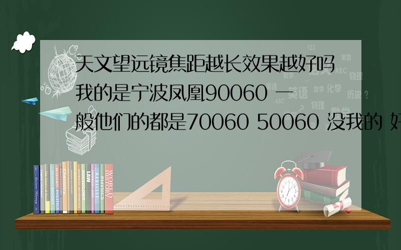 天文望远镜焦距越长效果越好吗我的是宁波凤凰90060 一般他们的都是70060 50060 没我的 好 但我的 焦距是900 一般的都是 700 600 焦距越高 看的越清晰 我想看外银河我是初学者 听不懂 比如说