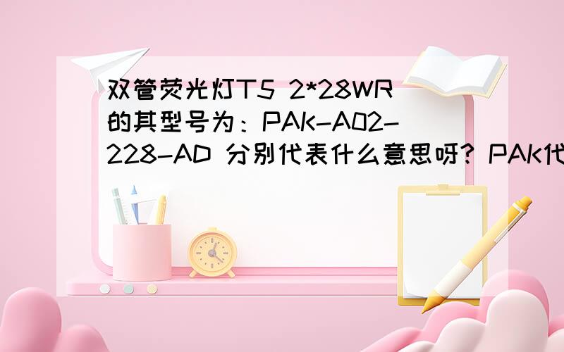 双管荧光灯T5 2*28WR的其型号为：PAK-A02-228-AD 分别代表什么意思呀? PAK代表什么?AO2代表什么?AD代表