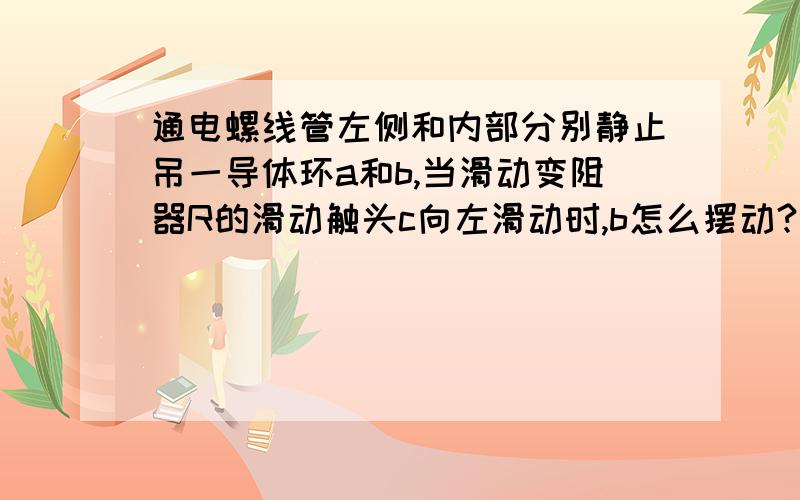 通电螺线管左侧和内部分别静止吊一导体环a和b,当滑动变阻器R的滑动触头c向左滑动时,b怎么摆动?