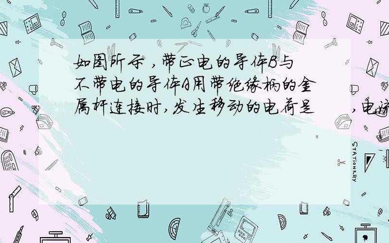 如图所示 ,带正电的导体B与不带电的导体A用带绝缘柄的金属杆连接时,发生移动的电荷是      ,电流的方向是向    .