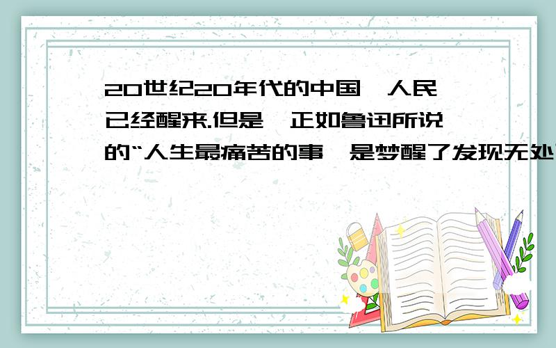 20世纪20年代的中国,人民已经醒来.但是,正如鲁迅所说的“人生最痛苦的事,是梦醒了发现无处可走”.下找了许多资料都说选D,但我不知道为什么,请给我个理由,要容易看懂又有说服力的