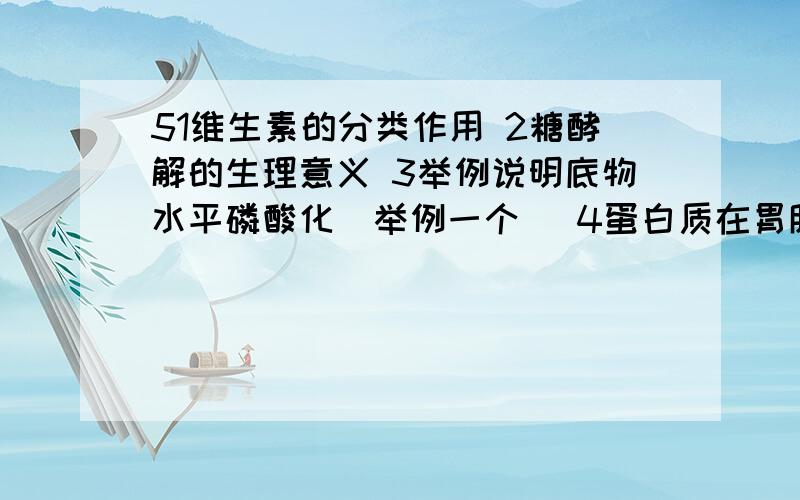 51维生素的分类作用 2糖酵解的生理意义 3举例说明底物水平磷酸化（举例一个） 4蛋白质在胃肠道 尿素循环意1维生素的分类作用 2糖酵解的生理意义 3举例说明底物水平磷酸化（举例一个） 4