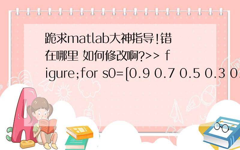 跪求matlab大神指导!错在哪里 如何修改啊?>> figure;for s0=[0.9 0.7 0.5 0.3 0.1]    x0=[1-s0,s0];    [t,x]=ode45(@sirfun,ts,x0);     s=x(:,2);i=x(:,1);    plot(s,i);hold on;endxlabel('S');ylabel('R')axis([0 1 0 1])plot([0 1],[1,0],'r')tit