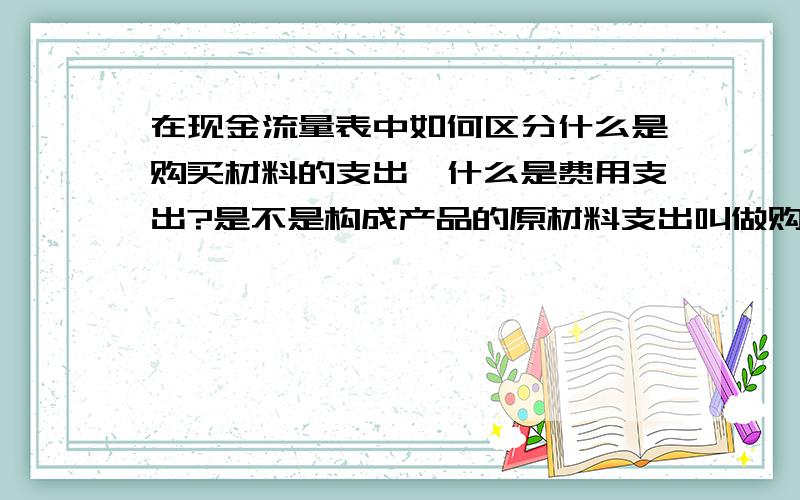 在现金流量表中如何区分什么是购买材料的支出,什么是费用支出?是不是构成产品的原材料支出叫做购买商品支出呀?其它叫做费用?