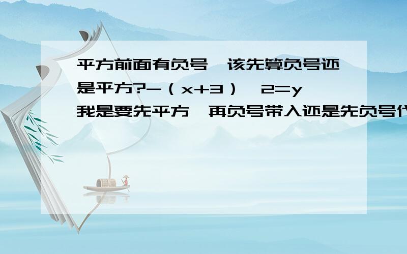 平方前面有负号,该先算负号还是平方?-（x+3）^2=y我是要先平方,再负号带入还是先负号代入再平方才正确.这两个顺序不能改吧?