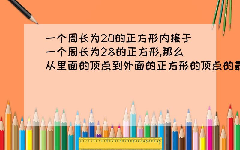 一个周长为20的正方形内接于一个周长为28的正方形,那么从里面的顶点到外面的正方形的顶点的最大距离是?