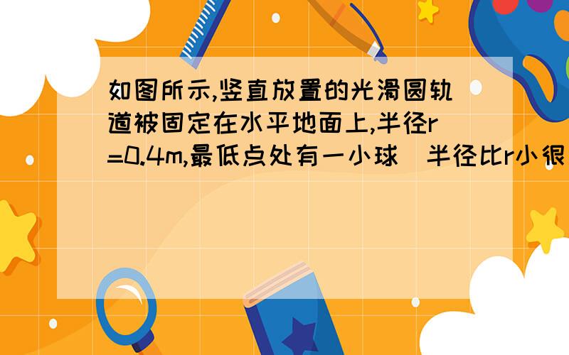 如图所示,竖直放置的光滑圆轨道被固定在水平地面上,半径r=0.4m,最低点处有一小球（半径比r小很多）现给小球以水平向右的初速度v0,则要使小球不脱离圆轨道运动, v0应当满足 (g=10m/s)