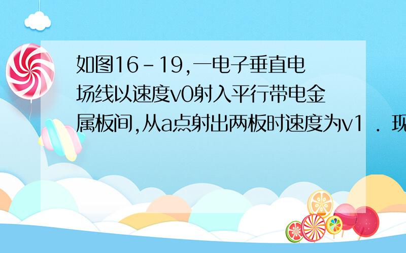 如图16-19,一电子垂直电场线以速度v0射入平行带电金属板间,从a点射出两板时速度为v1 ．现在两板间加一垂直纸面向里的匀强磁场,电子恰可从b点射出两板．若ob＝oa,求电子从b点射出时的速度