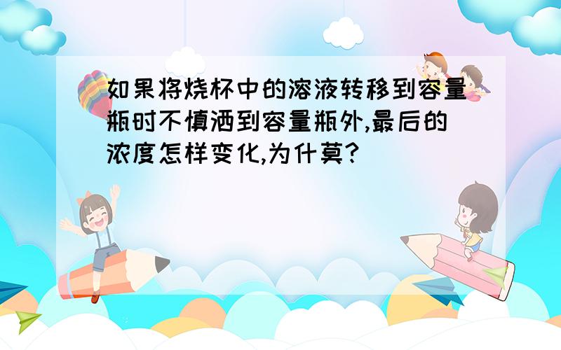 如果将烧杯中的溶液转移到容量瓶时不慎洒到容量瓶外,最后的浓度怎样变化,为什莫?