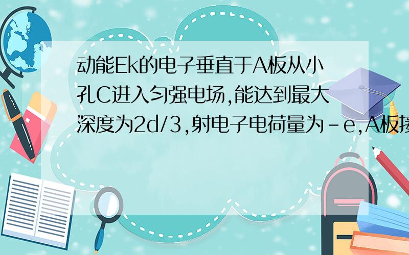 动能Ek的电子垂直于A板从小孔C进入匀强电场,能达到最大深度为2d/3,射电子电荷量为-e,A板接地,则B板电势