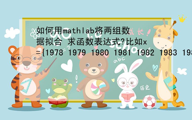 如何用mathlab将两组数据拟合 求函数表达式?比如x={1978 1979 1980 1981 1982 1983 1984 1985 1986 1987 1988 1989 1990 1991 1992 1993 1994 1995 1996 1997 1998 1999 2000 2001 2002 2003 2004 2005 2006 2007 2008 2009 2010}y={566 632 745 755