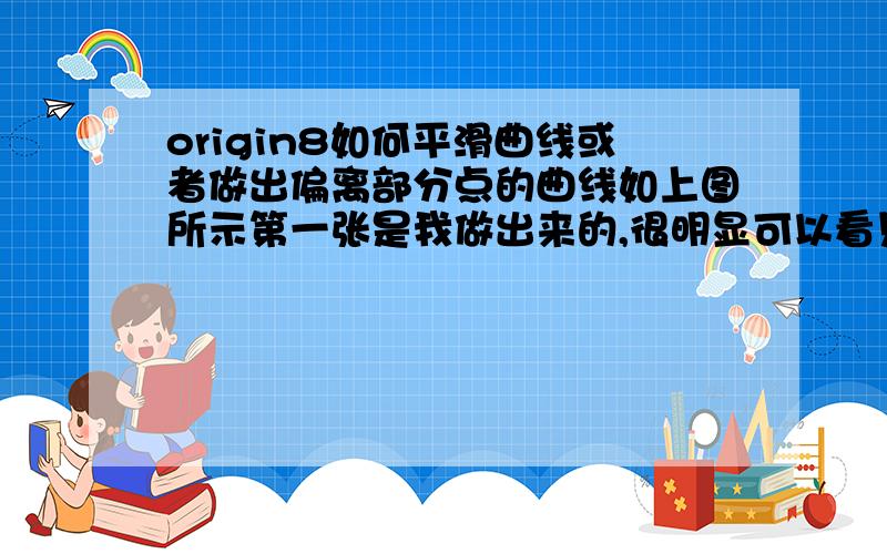 origin8如何平滑曲线或者做出偏离部分点的曲线如上图所示第一张是我做出来的,很明显可以看见曲线不平滑而且所有的点都被连到了所以会看起来怪怪的我想做成第二张图的样子,就是偏离部