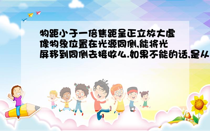 物距小于一倍焦距呈正立放大虚像物象位置在光源同侧,能将光屏移到同侧去接收么.如果不能的话,是从左边向凸透镜看到虚像,还是从右边看那个虚像