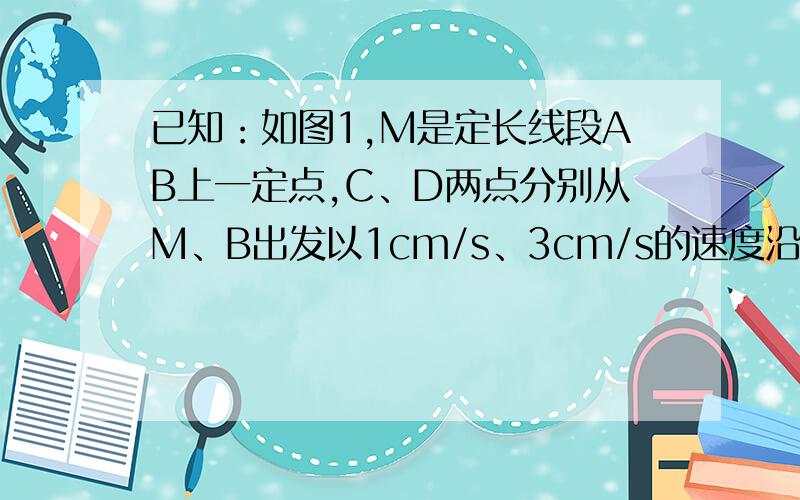 已知：如图1,M是定长线段AB上一定点,C、D两点分别从M、B出发以1cm/s、3cm/s的速度沿直线BA向左运动,运动方向如图中箭头所示（C在线段AM上,D在线段BM上）（1）若AB=10cm,当点C、D运动了2s,求AC+MD的