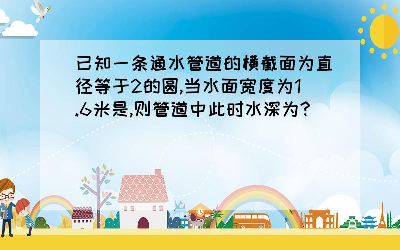 已知一条通水管道的横截面为直径等于2的圆,当水面宽度为1.6米是,则管道中此时水深为?