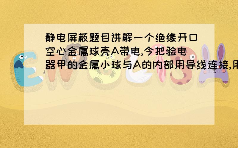 静电屏蔽题目讲解一个绝缘开口空心金属球壳A带电,今把验电器甲的金属小球与A的内部用导线连接,用带绝缘柄的金属小球B与A内壁接触后再与验电器C的小球接触,那么甲验电器的箔片——,乙