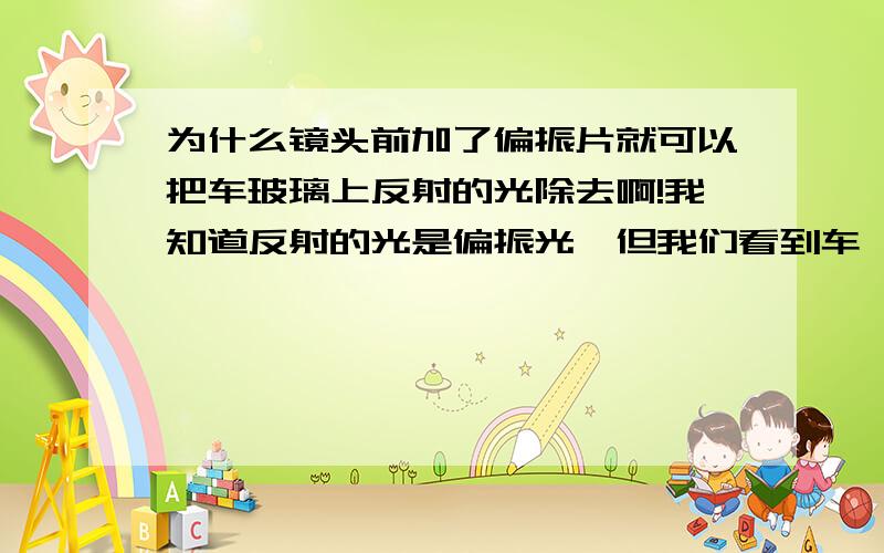 为什么镜头前加了偏振片就可以把车玻璃上反射的光除去啊!我知道反射的光是偏振光,但我们看到车,不也是因为看到车反射的光吗?为什么我们不能看到车玻璃上反射的光却能看到车本身反射