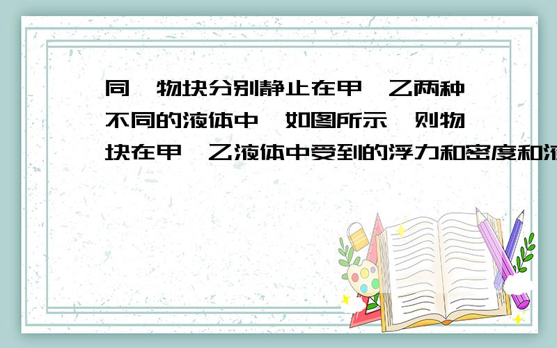 同一物块分别静止在甲,乙两种不同的液体中,如图所示,则物块在甲,乙液体中受到的浮力和密度和液体密度大小关系是. A