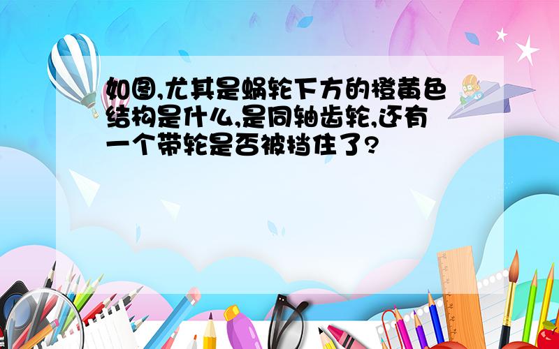 如图,尤其是蜗轮下方的橙黄色结构是什么,是同轴齿轮,还有一个带轮是否被挡住了?