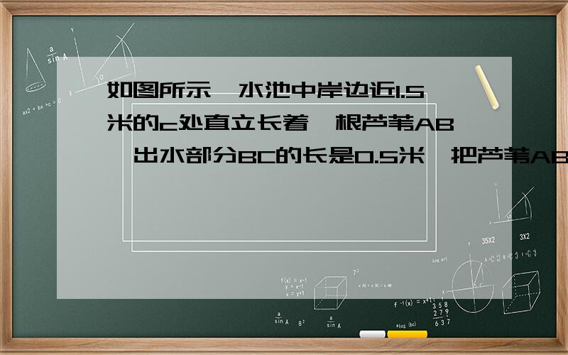 如图所示,水池中岸边近1.5米的c处直立长着一根芦苇AB,出水部分BC的长是0.5米,把芦苇AB拉到岸边,它的顶端B恰好与D点重合,求水深AC.