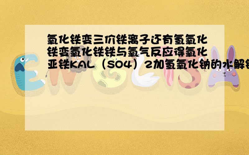 氧化铁变三价铁离子还有氢氧化铁变氧化铁铁与氧气反应得氧化亚铁KAL（SO4）2加氢氧化钠的水解铁变三价铁离子碳酸钙变碳酸氢钙以上的方程式