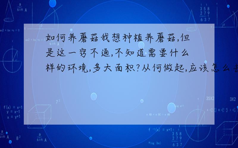 如何养蘑菇我想种植养蘑菇,但是这一窍不通,不知道需要什么样的环境,多大面积?从何做起,应该怎么去做呢?我觉得光溜溜的厚实的那种蘑菇挺好吃,好像是灰色的那种!有什么问的尽管问哈!也