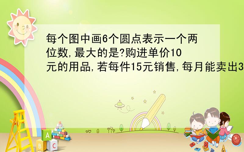 每个图中画6个圆点表示一个两位数,最大的是?购进单价10元的用品,若每件15元销售,每月能卖出300件为了增加利润,经调查,这种用品每涨1元每月就少售20件,销售此用品每月成本共120元,想要每月