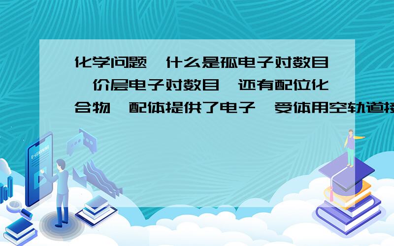 化学问题、什么是孤电子对数目、价层电子对数目、还有配位化合物、配体提供了电子、受体用空轨道接受、想问的就是、我要怎样才知道配体提供了多少电子、受体提供的什么轨道、还有