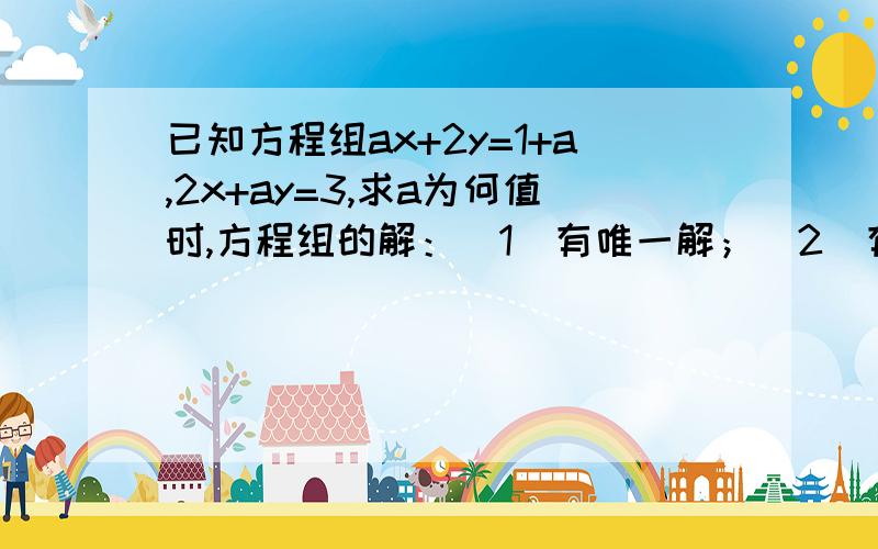 已知方程组ax+2y=1+a,2x+ay=3,求a为何值时,方程组的解：（1）有唯一解；（2）有